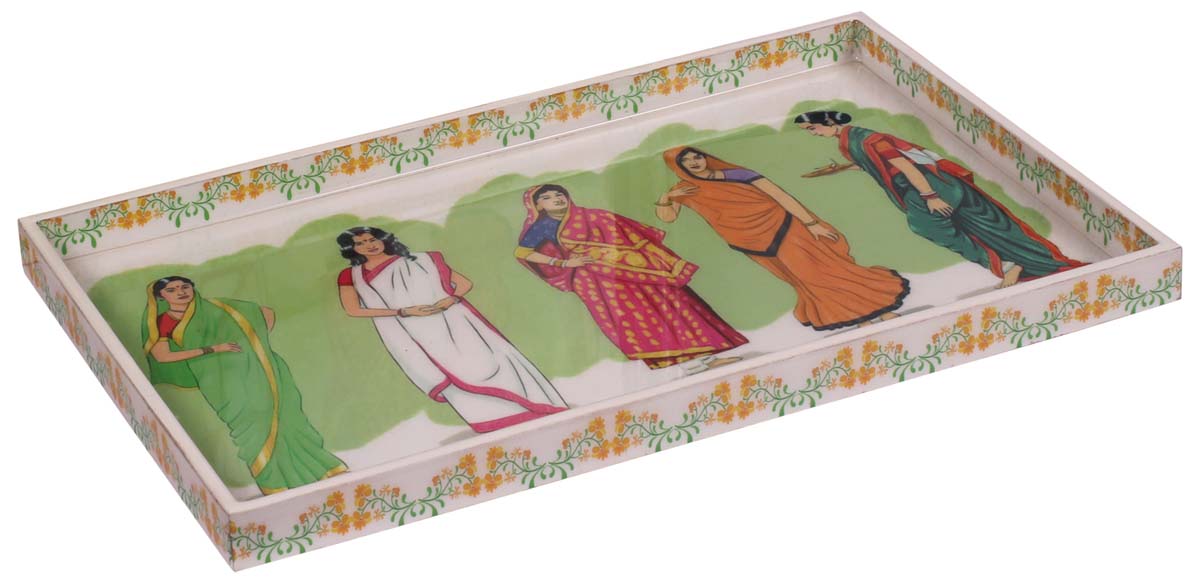 Buy in Bulk Wholesale Serving Tray in MDF - 14” Hand-Crafted Multicolored - Decorative Tray with Indian Women Enamelled Art - Classic Serve-Ware/Decor/Gifts from India